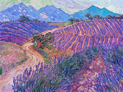 Exploring the lavender fields on the high plateaus of Provence, France, was an experience I will never forget. I caught two sunsets and two sunrises among the lavender fields, and I have enough inspiration to last me a lifetime! After painting vineyards for so many years, it is fun to paint purple cultivated rows instead. The ground between the lavender plants is covered in warm-hued stones, adding additional texture and color contrast to the landscape.

This painting will be displayed in my "<a href="https://www.erinhanson.com/Event/ReflectionsoftheSeine">Impressions of the Seine</a>" collection release at my gallery on September 14th, 2024.