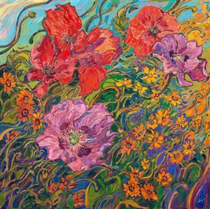 This painting captures vibrant floral hues inspired by Monet's garden. Monet's home in Giverny was bursting with color in June -- large pink and red poppies against vivid yellow and orange flowers bloomed everywhere. This abstract impressionist painting captures how Monet's garden made me feel when I saw it in person.