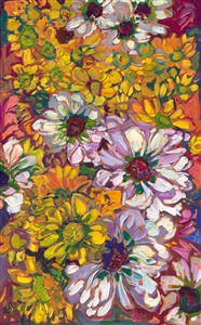 Yellow daisies are all the more beautiful when contrasted against pure white. This painting has an engaging balance and rhythm, created by thickly applied oil paint and changing color.