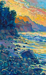 This petite work captures a beautiful sunrise seen from one of Montecito's beautiful beaches. Montecito (near Santa Barbara) has beautiful coastlines edged with dramatic boulders and elegant, long-leafed palm trees. Dodging the waves to get around a rocky outcropping (and only getting completely soaked once), I found this secluded beach and watched the sun rise over the distant mountain range.