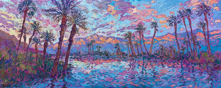 I love painting palm tree reflections in one of the many man-made lakes in La Quinta, California. The sherbet-colored desert mountains, lanky palm trees, and sunset reflections all capture the beauty of the California desert. Expressive strokes of thickly applied oil paint communicate the movement and wind of the high desert. This painting was created in Erin Hanson's signature Open Impressionism style.