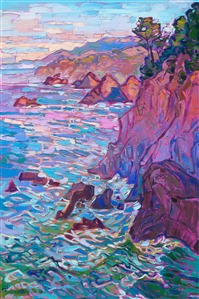 Mendocino, California, tucked away on a remote coastline in Northern California, is one of the most picturesque landscapes I have ever painted. The blend of cool and warm tones, gently rising mists, and epic rocky cliffs are a joy to paint.