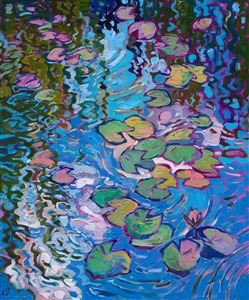 I visited Monet's Garden in Giverny, France, for the first time this year. Seeing his water lily pond was like walking into one of his oil paintings, even down to the squiggly reflections created by the overhanging weeping willows. This painting is my tribute to Monet's impressionism.