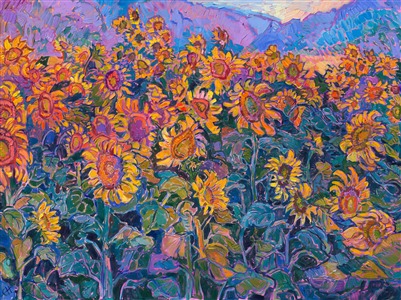 Exploring southern France, I was inspired by the high plateaus in Provence, which are covered in endless lavender fields. Tucked among the lavender fields, I discovered this field of sunflowers right as the sun came up over the mountains. The rich, saturated colors of early morning are captured in this oil painting, while thick, lavish brush strokes bring to life the beauty of the sunflowers.