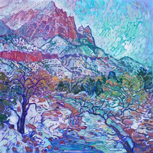 Zion National Park in the winter is a wonderland of pale snow against dark red rock. This oil painting captures the beautiful color contrasts and textures of Zion with thick, impressionistic brush strokes.

This painting was exhibited at <i>Erin Hanson: Landscapes of the West </i> solo museum exhibition at the Sears Art Museum in St. George, Utah.