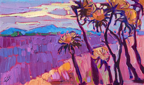 This petite work captures the beautiful colors of pale pink and purple lavender fields in Provence, France. I was inspired to paint this scene from the contrasting colors of dusky yellow thistles against a velvety purple background.