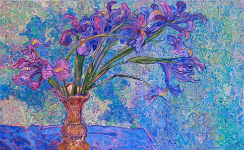 A vase of purple irises stands against damask wallpaper, the richly colored blooms blending and contrasting with the background. Thick brushstrokes of oil paint capture the transient beauty of the flowers with expressive joy and movement.

Erin Hanson, creator of the style Open Impressionism, mixes her color palette from only five colors, using her palette to pre-blend the entire array of colors that will appear in the painting before ever picking up a brush. When she paints, she lays her strokes side by side without layering, creating a mosaic of color and texture across her canvas. Her unmuddied colors are bright and vibrant, capturing the imagination.