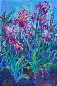 I love painting purple iris flowers contrasted against the aqua-green hues of their leaves. Purple irises are the perfect subject for an impressionist painting, and I capture their beautiful colors and movement with thick, expressive brush strokes laid side by side, without layering.