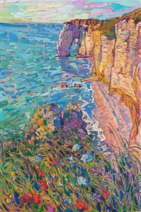 I visited Etretat on France's Normandy coast to explore the unique cliffs that Monet painted many times. Like Monet, I was inspired by the white limestone cliffs and the reflected colors of the cliffs, the water, and the sky. This is the second painting I have created from this location. Hiking along the trail at the top of the cliffs, I could see wildflowers growing against the turquoise waters below. The golden hour light in June lasted for hours... I loved seeing how the white limestone cliffs changed color until the sun finally set at 9:30 PM.

This painting will be displayed in my "<a href="https://www.erinhanson.com/Event/ReflectionsoftheSeine">Impressions of the Seine</a>" collection release at my gallery on September 14th, 2024.