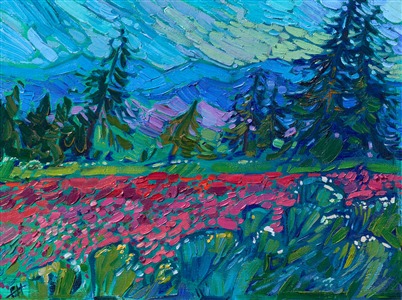 A crimson field of clover caught my eye as I was driving through Oregon's Willamette Valley. One of the best things about living in the Northwest is the incredible saturated color everywhere I look. The moody colors of an overcast sky were the perfect setting for this painting.