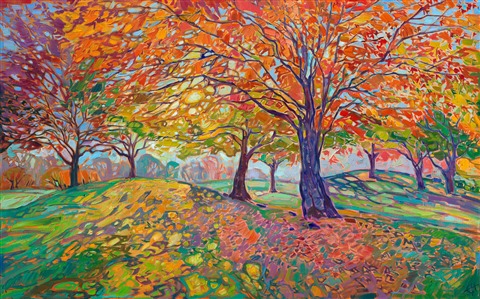 This Halloween-colored painting celebrates everything I love about the fall. The light shining through the maple trees creates intriguing patterns of light and shadow across the grass. Thick brush strokes of oil paint laid side-by-side, without layering, create an impactful mosaic of color and texture across the canvas. This painting was created in my signature Open Impressionism style.