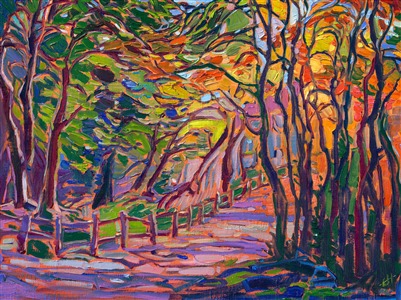 New England in autumn is like a fairytale land of color, from the viewpoint of someone who grew up in Los Angeles, California, where oak trees go from dark green to dark brown with no color in between. This painting captures a path I found wandering through the autumn colors of October in New Hampshire.