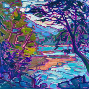 Layers of blue and green form this petite vista of blue lake waters peeking between the trees, with distant mountains blue in the background. The oil paint is applied in thick, expressive strokes, capturing the mosaic quality of the light.