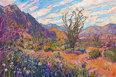 An explosion of color, this painting captures the desert superbloom in Borrego Springs. The brush strokes are loose and lively, bringing to life the movement and freedom of the wide outdoors. The original work on stretched canvas arrives framed in a gold floater frame.

This painting is being sold on consignment.