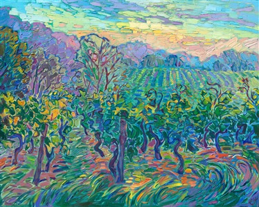 One early morning in June, I explored the vineyards surrounding Bordeaux, France. The small hills and valleys were home to hundreds of tiny vineyards, each producing a different wine. This impressionist painting captures the cool hues of dawn breaking through the rising mists.