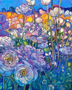 This abstract impressionism painting captures the beautiful colors of ranunculus flower fields from San Diego, California. Thick brushstrokes of oil paint laid side by side without blending create a mosaic or stained glass effect of light and shadow across the canvas. Brilliant hues of paint catch the eye, just as the flower fields caught the artist's eye in the early light of morning.