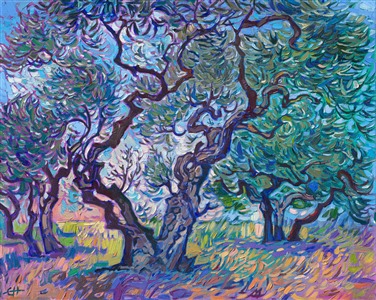 When I visited Arles to see van Gogh's stomping grounds, I went to as many olive groves as I could. I found several very old groves -- one boasted several "centennial" trees over one hundred years old. I was inspired by their gnarled branches and unique coloring, just as van Gogh was. Here is a painting of an olive grove near Arles, in southern France.