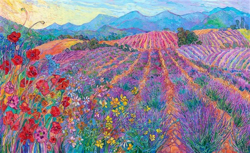 This painting combines all my favorite visions of France -- the abundance of wildflowers from Monet's Garden and the rolling hills of lavender fields from Provence. From red poppies through a rainbow of wildflowers to deep, velvety lavender, this painting captures the beautiful colors and textures of France.