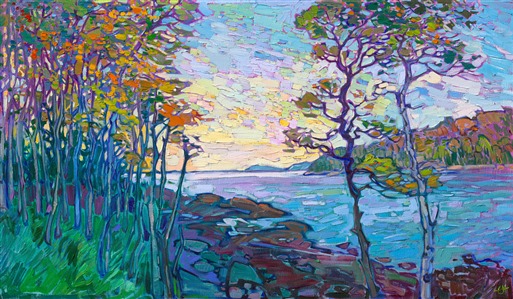 This painting of Acadia National Park captures the beautiful light of early dawn over one of the many lakes within the park. October gleams with warm colors of gold and vermillion that pop against the background of blue reflections. 