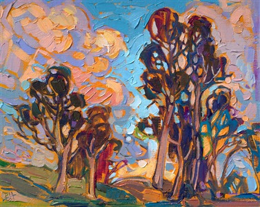 In this painting of San Diego, tall California eucalyptus trees seem to touch the tops of puffy summer clouds. Thick brush strokes full of expression and movement capture the colors of the scene.