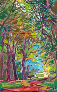 This petite canvas captures a path leading between two lines of trees growing in the French countryside. I was inspired to paint these trees while visiting a monastery near Rouen, France.