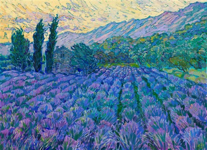 This summer, I took a river boat cruise along the Seine to get inspiration from the many places the first impressionists painted, and I then traveled all across France, from Etretat to Provence, gathering inspiration. This painting captures the beautiful lavender fields of Provence, captured during the golden light of dawn. The stone house nestled among the cypress trees demanded to be included in the painting.