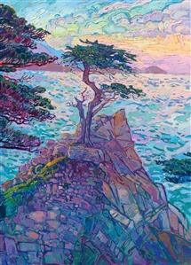 Lone Cypress on 17 Mile Drive has been painted by plein air painters and Early California painters since the dawn of Carmel's artist colony. This beloved cypress tree has a lot of history and is the most photographed and painted tree on the Monterey Peninsula. This painting by Erin Hanson captures the beautiful colors of dusk with thick, expressive brush strokes.