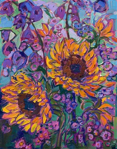 Impressionist blooms of sunflowers and violet flowers are painted with thick, expressive brushwork and vivid hues of oil paint. The luscious colors look good enough to eat.