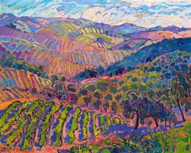 This painting of Paso Robles vines captures California wine country at its best. Perched high atop a hillside in Paso Robles, I could see far over the vineyard-covered rolling hills all around me. Laying brush strokes side by side without layering, Erin Hanson re-created the beauty and wonder of this vista in her contemporary, colorful impressionist style. This work is available for purchase as an original oil painting, 3D Textured Replica, or canvas print.