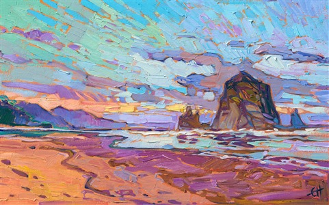 Cannon Beach is one of those places you can visit again and again -- like Carmel-by-the-Sea in California. Both destinations have some of my favorite rock formations to paint, too -- Haystack Rock in Cannon Beach, and Lone Cypress in Carmel. This painting has a beautiful simplicity and movement that gives me the same feeling of peace as when I viewed the landscape in person.