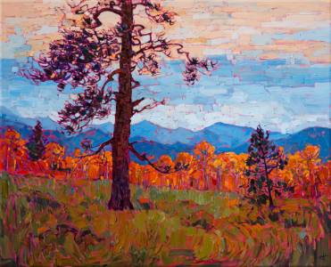 Southwest Utah color is captured in expressive texture and painterly brush strokes. This painting brings to life a transient moment of beauty seen at Cedar Breaks National Park, near Zion.  The yellow-orange hues of the aspens are set off by the distant blue mountain ranges.