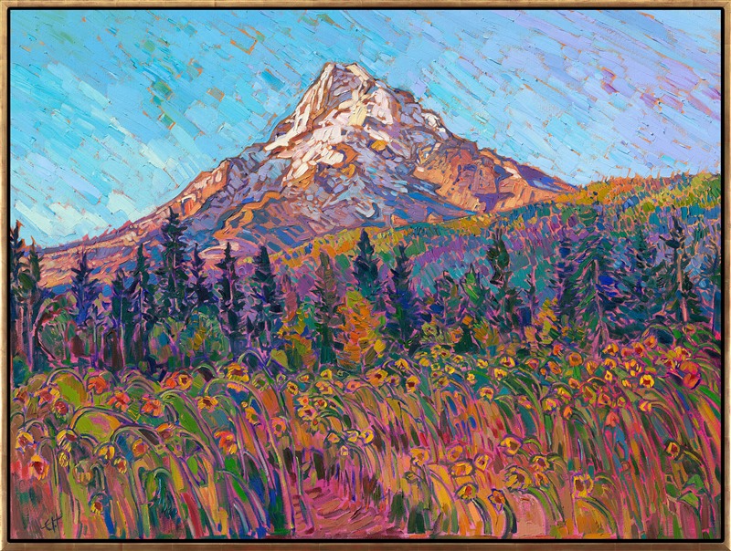 I painted this view of Mt Hood from the Hood River Valley (also known as the "Fruit Loop" because of all the fruit orchards). The sunflowers were in late bloom, and the first light of morning cast a ruddy glow on the snow-dappled peak of Mount Hood. Thick, expressive brush strokes laid side by side without blending create a highly textured oil painting that is alive with motion and vibrant color.