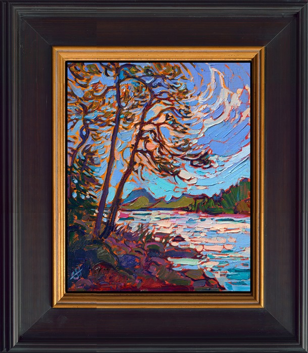 Acadia National Park is captured in vivid colors that spark the imagination. Thick brush strokes of oil paint placed side by side without layers is a hallmark of Erin's Open Impressionism painting style.