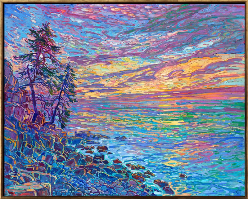 Acadia National Park in Maine is America's most visited national park. The beautiful lakes, epic rocky coastline, colorful sunrises, and quintessential fall color all make Acadia a painter's dream. This painting captures one sunrise I saw along the Acadia coast during October.