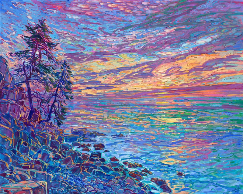 Acadia National Park in Maine is America's most visited national park. The beautiful lakes, epic rocky coastline, colorful sunrises, and quintessential fall color all make Acadia a painter's dream. This painting captures one sunrise I saw along the Acadia coast during October.