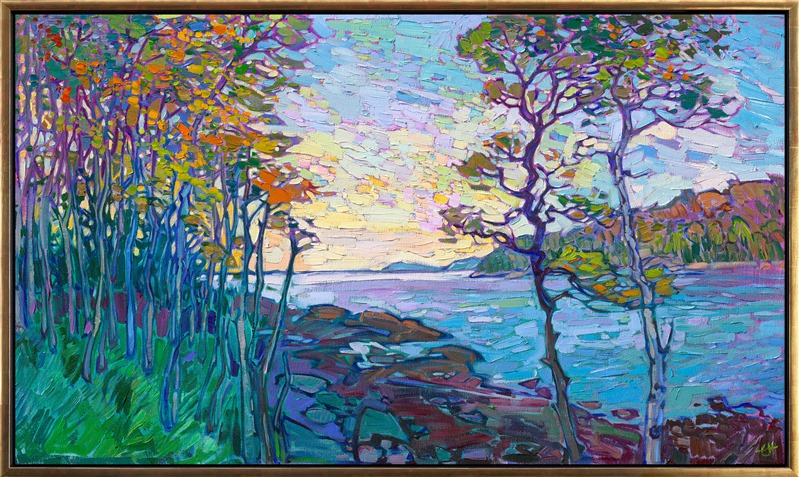 This painting of Acadia National Park captures the beautiful light of early dawn over one of the many lakes within the park. October gleams with warm colors of gold and vermillion that pop against the background of blue reflections. 