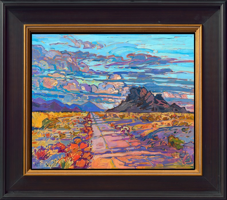 I love the feeling I get of infinite space driving along the wide-open roads of Arizona. The giant sky filled with billowing clouds, the dramatic buttes, and the vivid colors all ignite my imagination and make me reach for my brush.