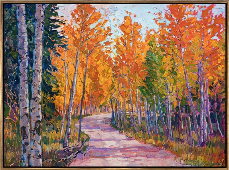 Cedar Breaks National Monument is home to some of the most beautiful aspen groves in Utah. The bright orange and yellow coin-shaped leaves sparkle and jingle in the wind, immersing you in sound and color. This painting has loose, thick brush strokes of oil paint, the texture adding a sense of movement to the scenery.