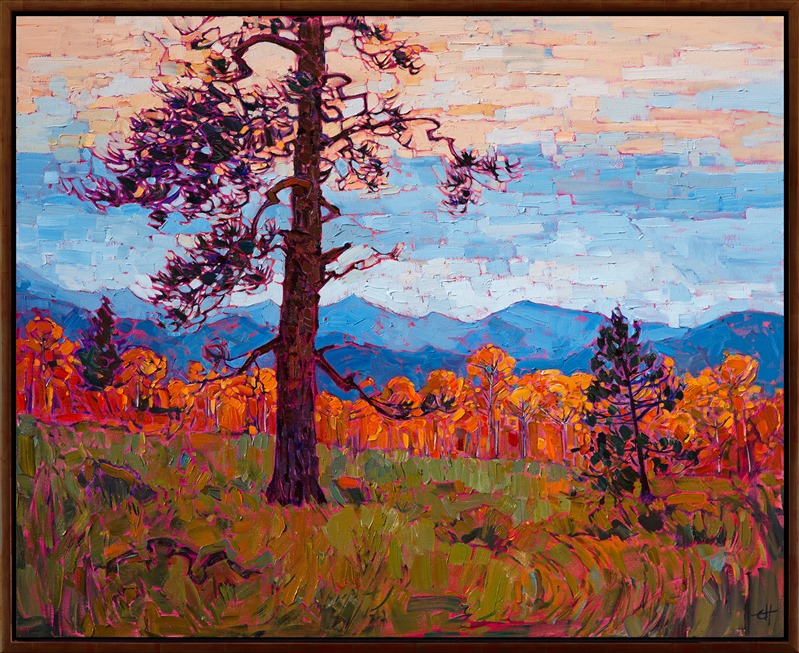 Southwest Utah color is captured in expressive texture and painterly brush strokes. This painting brings to life a transient moment of beauty seen at Cedar Breaks National Park, near Zion.  The yellow-orange hues of the aspens are set off by the distant blue mountain ranges.