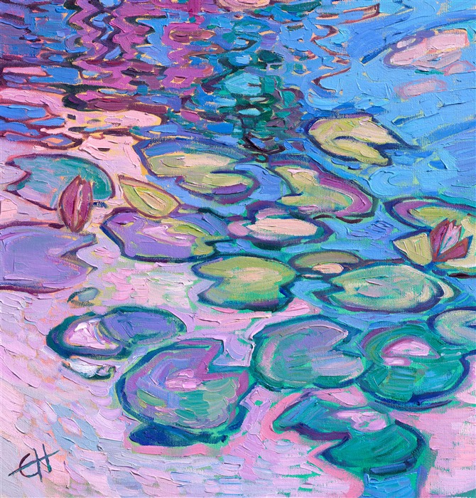 Aubergine-hued reflections from Monet's garden curve and swirl in his water lily pond. The blue sky peeks out between the dark reflections, and the water lilies reflect the light from the sky. The overall effect is an entrancing pattern of light and shadow. 