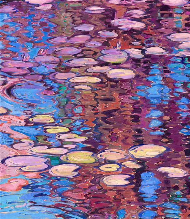 Aubergine-hued reflections from Monet's garden curve and swirl in his water lily pond. The blue sky peeks out between the dark reflections, and the water lilies reflect the light from the sky. The overall effect is an entrancing pattern of light and shadow. 