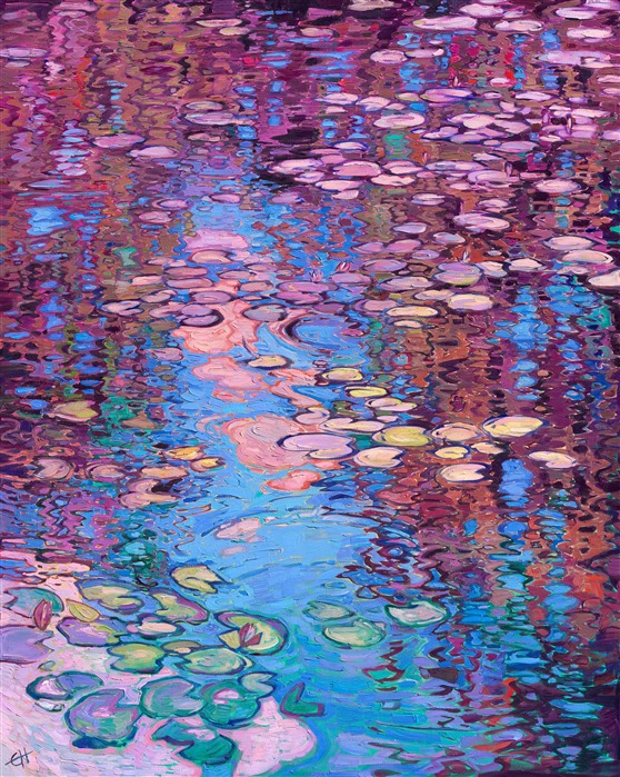 Aubergine-hued reflections from Monet's garden curve and swirl in his water lily pond. The blue sky peeks out between the dark reflections, and the water lilies reflect the light from the sky. The overall effect is an entrancing pattern of light and shadow. 