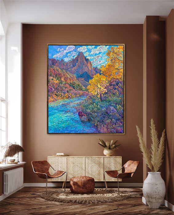 The Watchman at Zion National Park stands tall over the turquoise waters of the Virgin River. The red rock cliffs are painted with thick, buttery strokes of oil paint. The impressionist colors gleam and glisten in scintillating movement upon the canvas, capturing the transient beauty of southern Utah at peak fall color.</p><p>This painting was exhibited at <i>Erin Hanson: Landscapes of the West </i> solo museum exhibition at the Sears Art Museum in St. George, Utah.