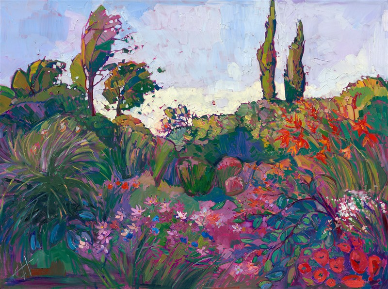 A garden of blooming flowers inspired this painting by American impressionist Erin Hanson.