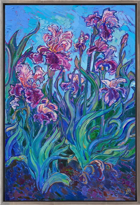 I love painting purple iris flowers contrasted against the aqua-green hues of their leaves. Purple irises are the perfect subject for an impressionist painting, and I capture their beautiful colors and movement with thick, expressive brush strokes laid side by side, without layering.