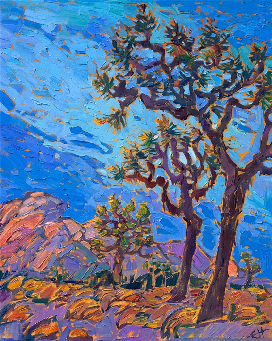 Every time I see a sunrise or sunset at Joshua Tree, the colorless desert landscape turns into a rainbow wash of color. No golden hour is ever the same--I am always surprised and inspired by the colors I see. This painting captures a particularly blue dusk, where the sky seemed to glow with an ultramarine, jewel-toned light.