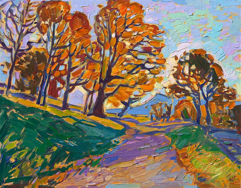 The Blue Ridge Mountains in South Carolina are a leaf peeper's dream, with every shade and hue of autumn represented in the daily-changing foliage. This painting was inspired by the grounds at Moses H. Cone Memorial Park, off Blue Ridge Parkway. The brush strokes in this painting are laid side-by-side, without layering, creating a stained-glass effect of paint and texture on the canvas.