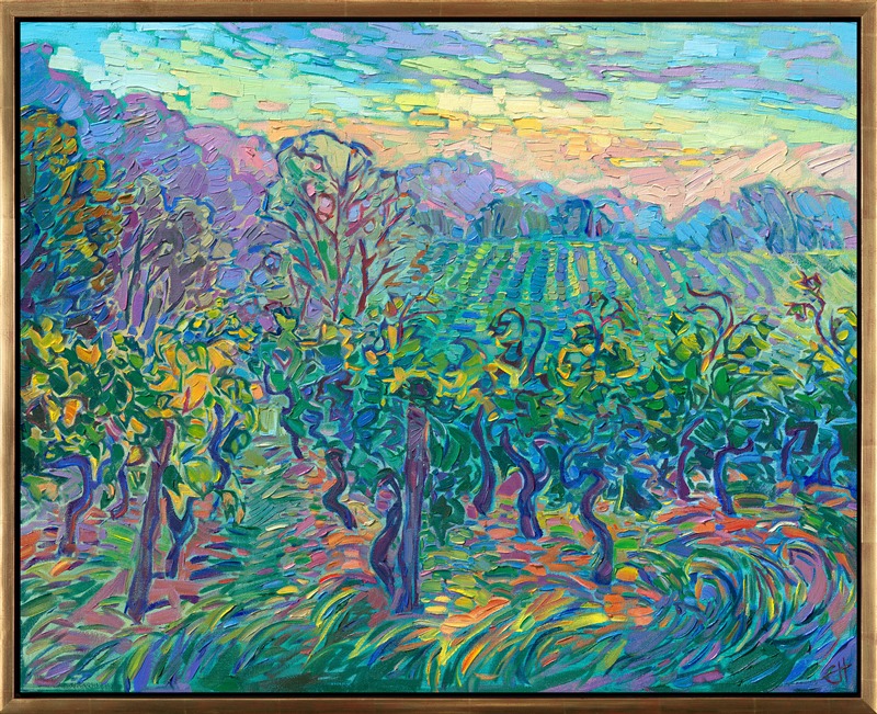 One early morning in June, I explored the vineyards surrounding Bordeaux, France. The small hills and valleys were home to hundreds of tiny vineyards, each producing a different wine. This impressionist painting captures the cool hues of dawn breaking through the rising mists.