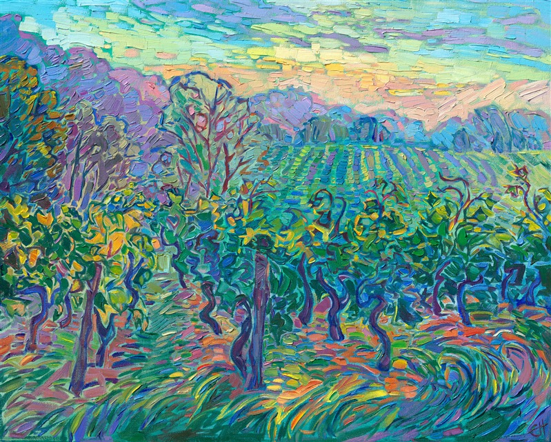 One early morning in June, I explored the vineyards surrounding Bordeaux, France. The small hills and valleys were home to hundreds of tiny vineyards, each producing a different wine. This impressionist painting captures the cool hues of dawn breaking through the rising mists.