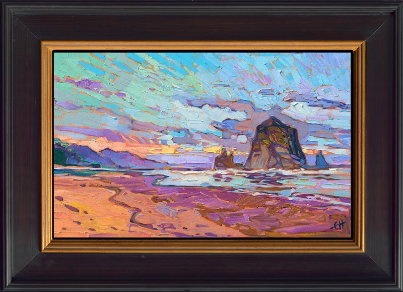 Cannon Beach is one of those places you can visit again and again -- like Carmel-by-the-Sea in California. Both destinations have some of my favorite rock formations to paint, too -- Haystack Rock in Cannon Beach, and Lone Cypress in Carmel. This painting has a beautiful simplicity and movement that gives me the same feeling of peace as when I viewed the landscape in person.